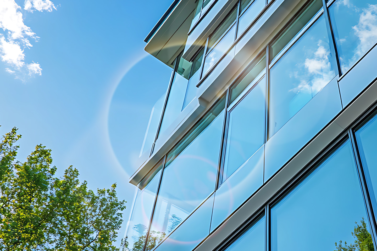 trees and close up mid section of glass building with sun reflection in an O as overlay