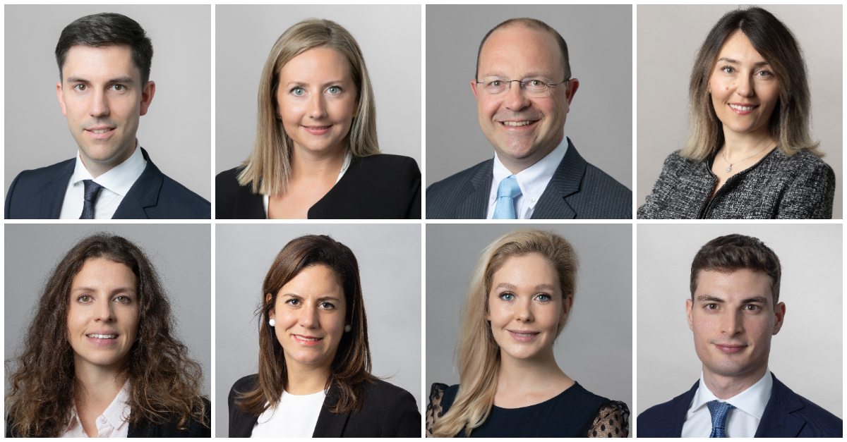 collage of eight Ogier German Desk team members in professional business attire: Milan Hauber, Sarah Verlende, Hervé Leclercq, Manon Hillenbrand, Maddalena Bonamini Leitner and Jawad Bach.