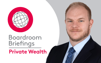 Stuart and Samuel with the Boardroom Briefings Private Wealth logo in the background.