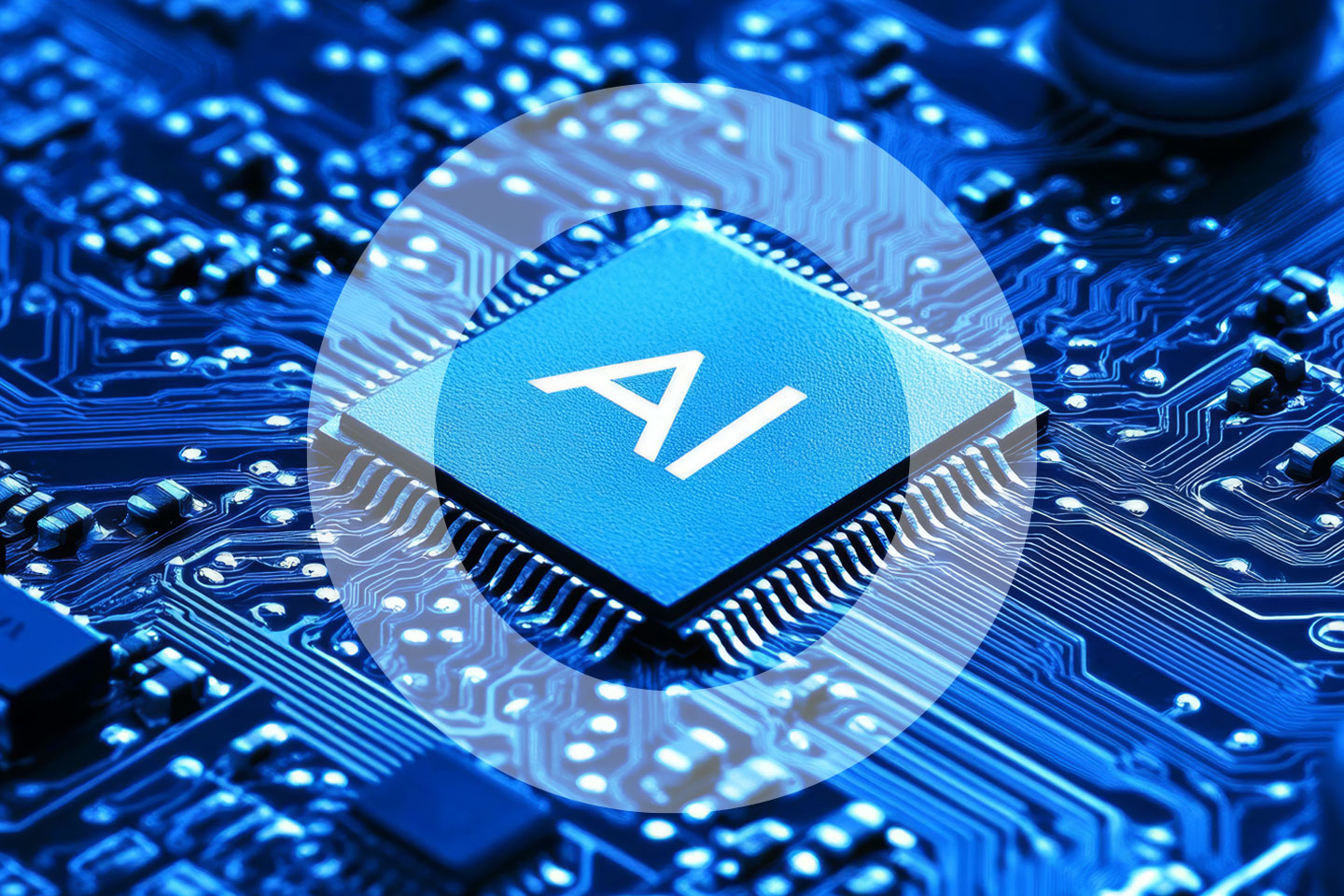 Blue circuit board with AI microchip