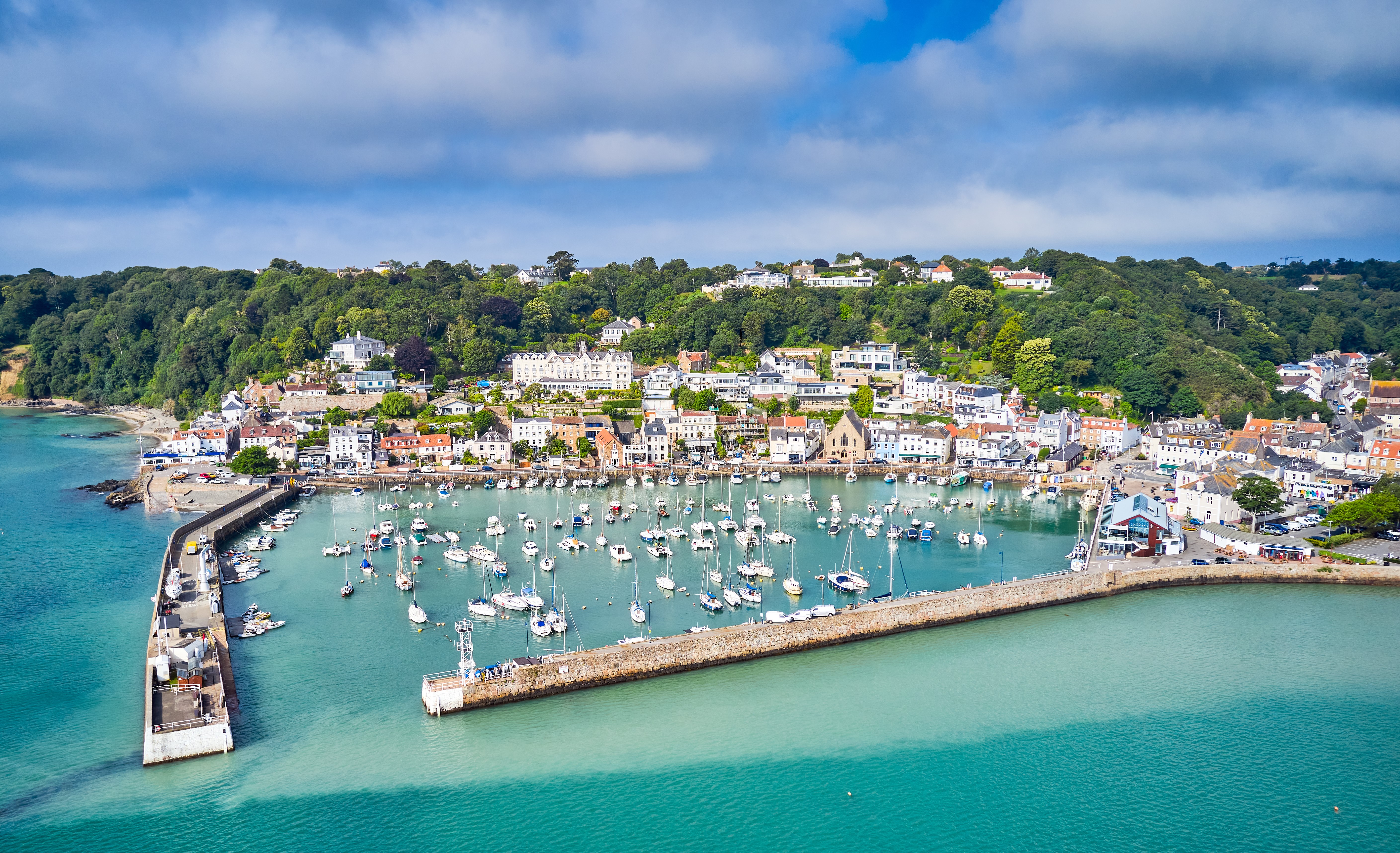 aerial view St Aubin's harbor