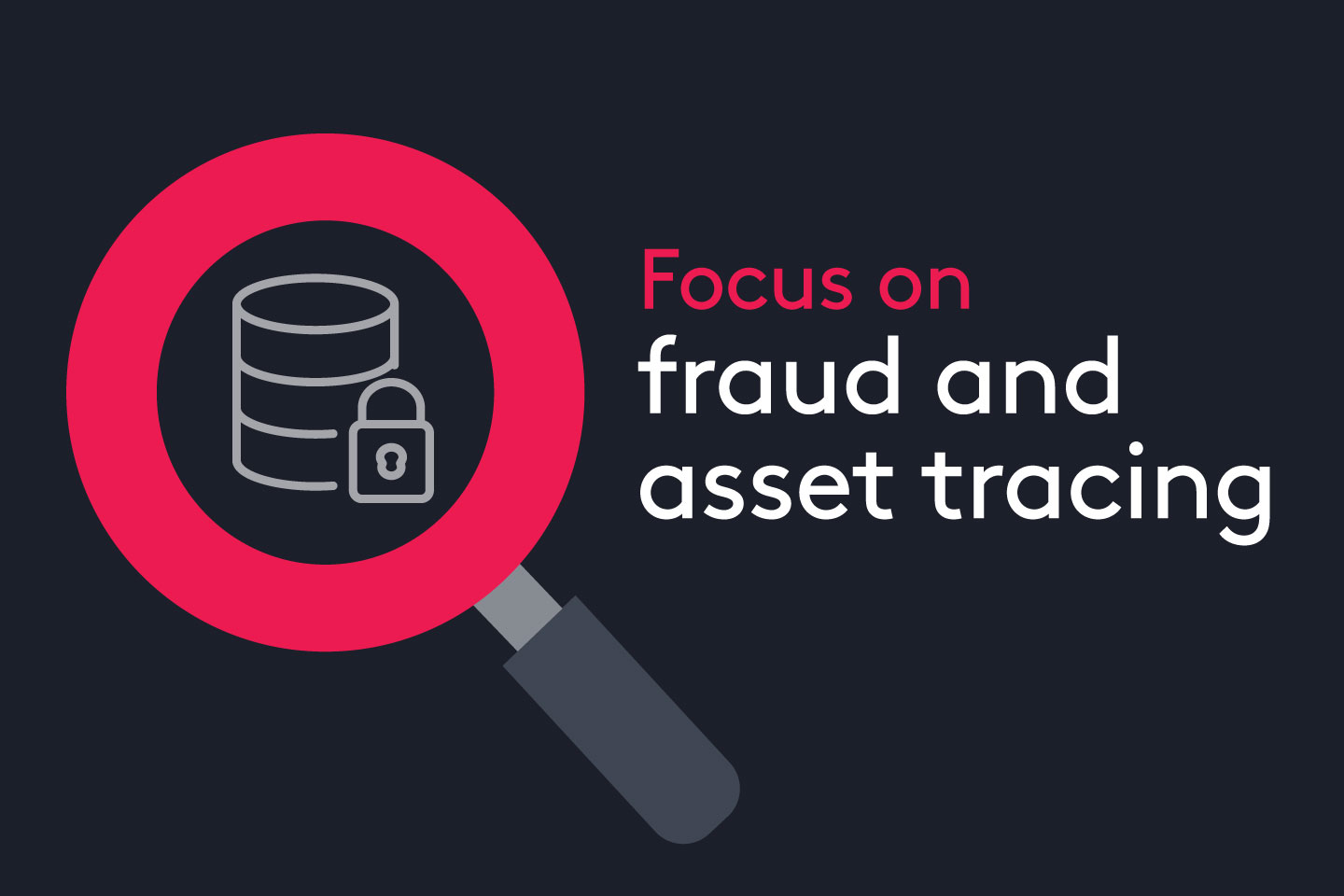 magnifying glass highlights a database and padlock icon with Focus on fraud and asset tracing headline