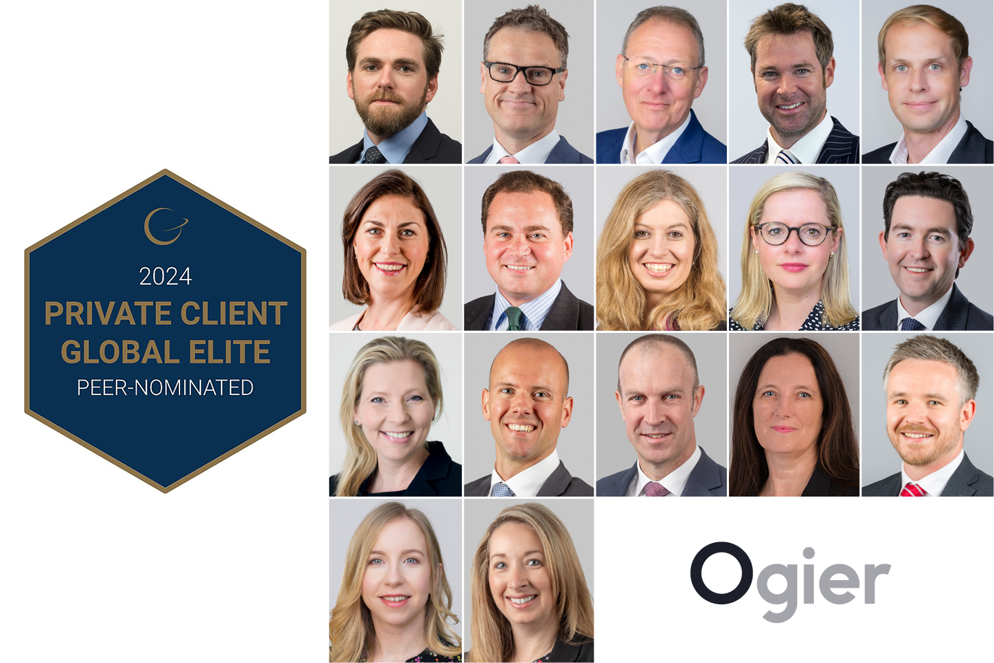 Seventeen Ogier experts from Cayman, BVI, Guernsey and Jersey recognised by Private Client Global Elite 2024, including Anthony Partridge, Rachael Reynolds KC, Deborah Barker Roye, Nicholas Brookes, Brian Lacy, Matt Guthrie, Catherine Moore, Simon Davies, Sandie Lyne, Sophie Denman, James Campbell, Henry Wickham, Josephine Howe, Nick Williams, Richard Laignel and Lucy Poignand, with Ogier logo