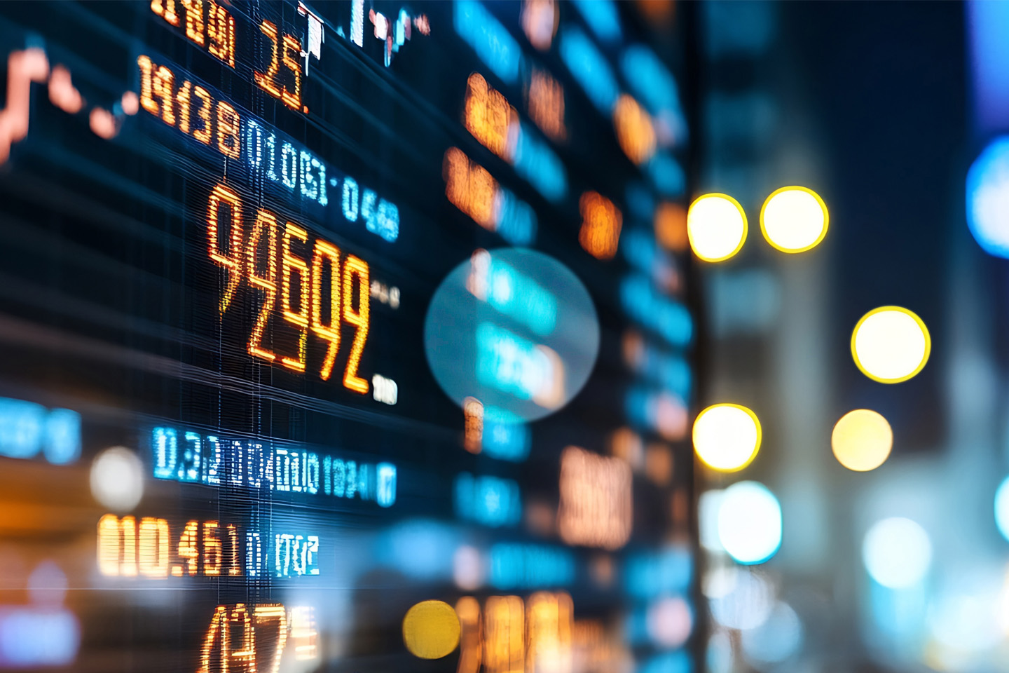 neon blue and ornage numbers lit up on a stock market display board