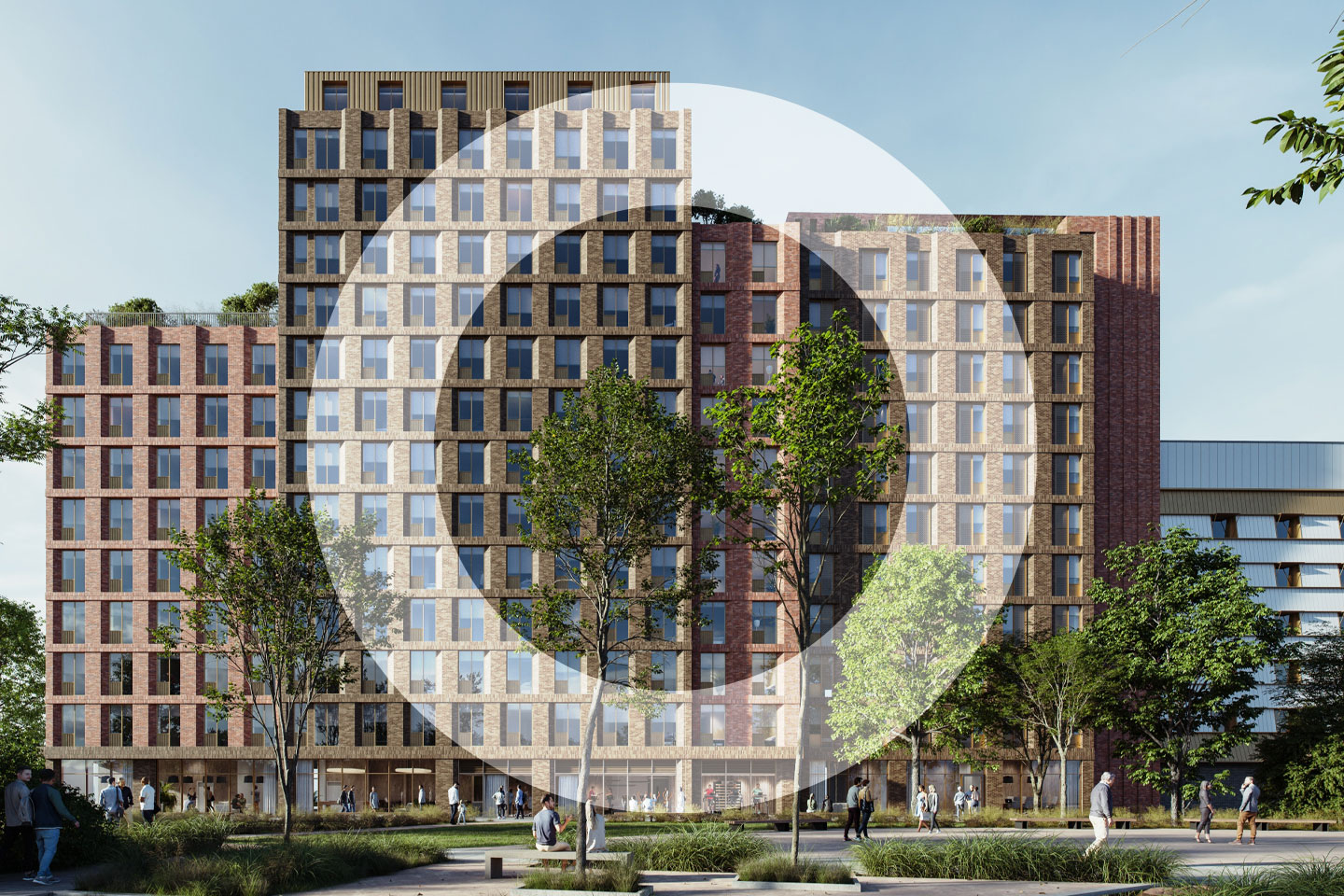 A modern multi-storey building with a geometric brick facade, large windows and rooftop greenery, set in a landscaped urban area with trees and people walking and sitting on benches in the foreground. A translucent circular logo overlay appears on top of the image.