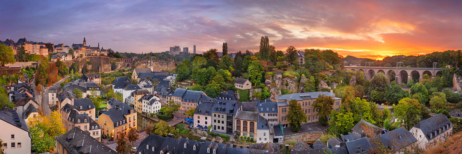 Panoramic photo of Luxembourg houses and buildings at sunset