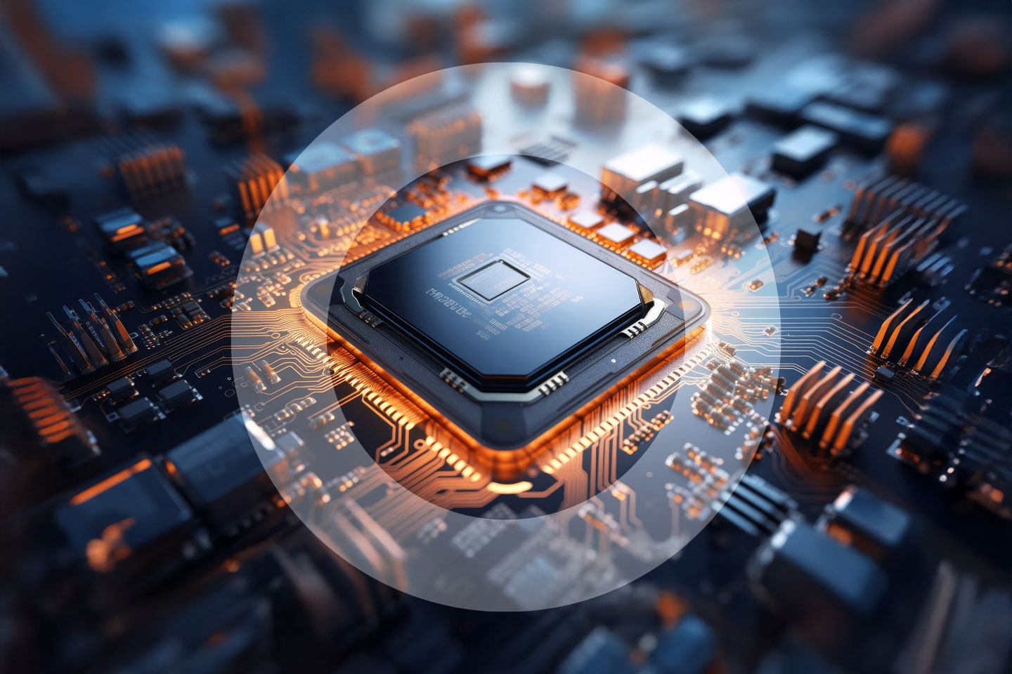 computer chip on grey motherboard with orange circuits