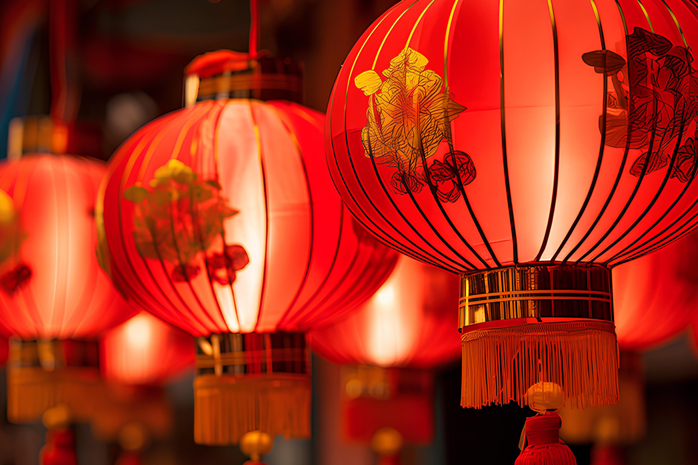 multiple red oriental style fabric lanterns with floral gold embellishments