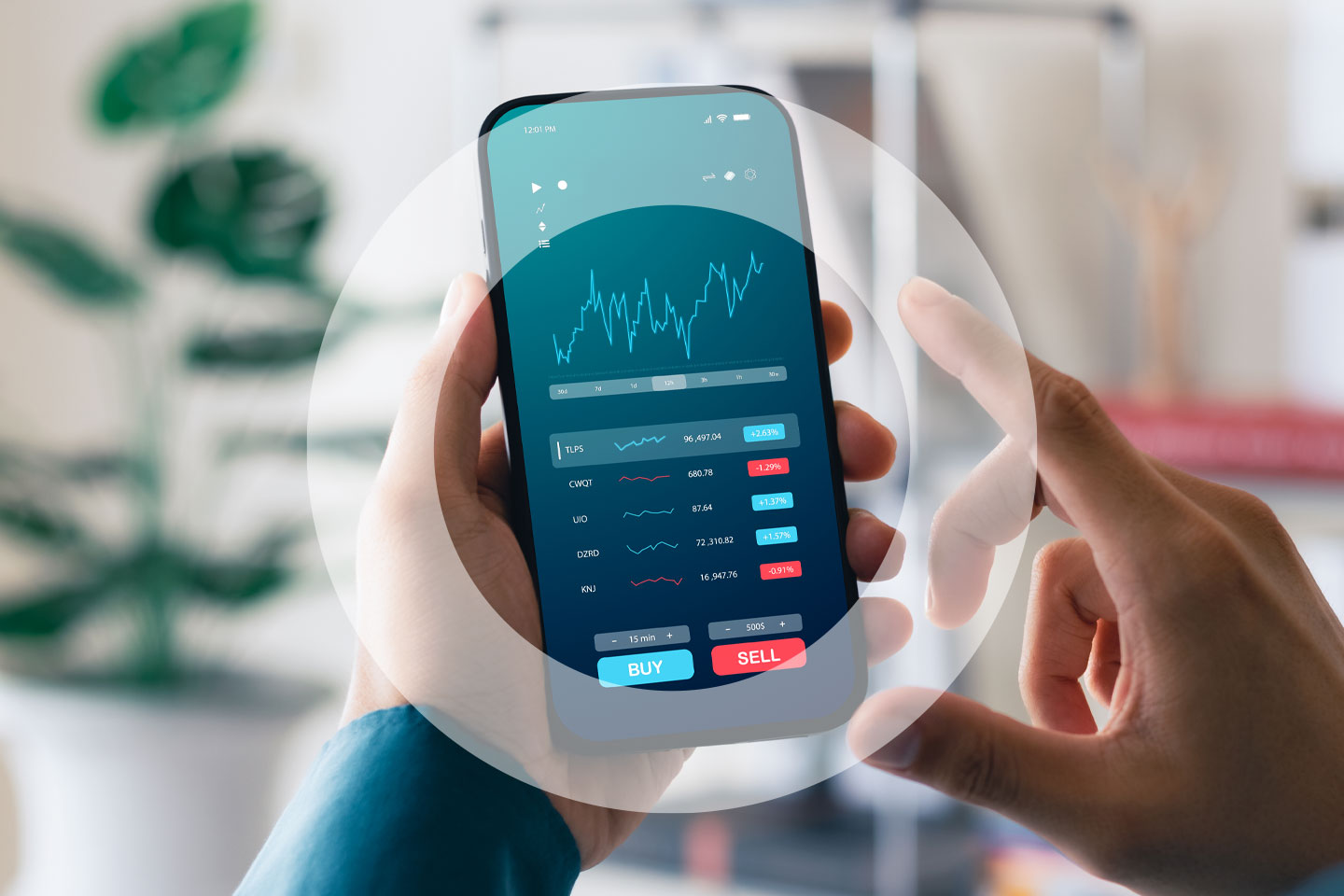 Smart phone with graphs on screen in someone's hands