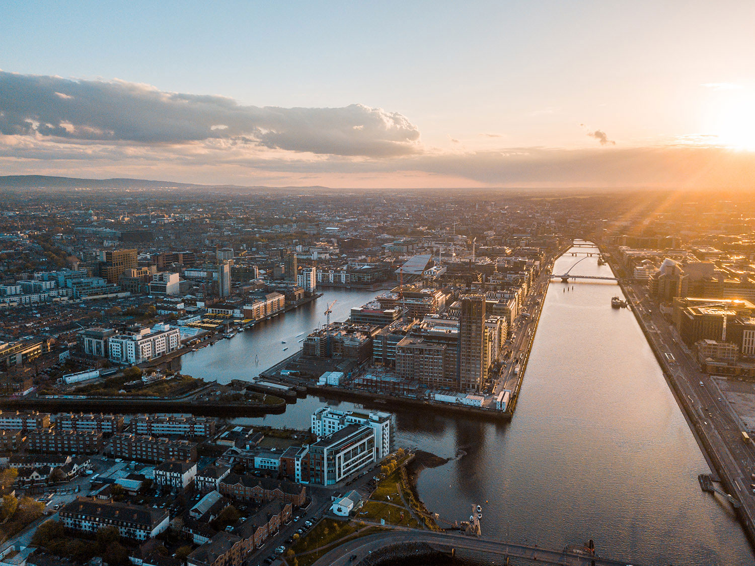 aerial view of Dublin, Ireland at sunrise